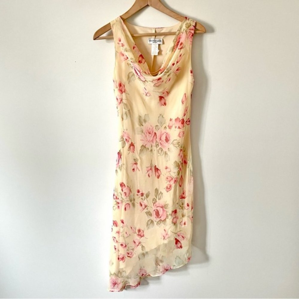 Vintage Floral Cowl Neck Asymmetric Dress Yellow and Pink